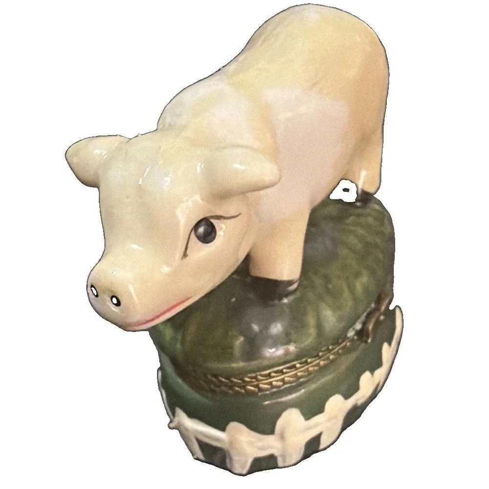 Trinket Box, Small Pig, Pink Green, Hinged Ceramic Farm Box